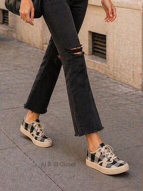 Zodiac Cheezburger Plaid Lace-Up Sneakers Women’s Size 9M Black White Tan NWB